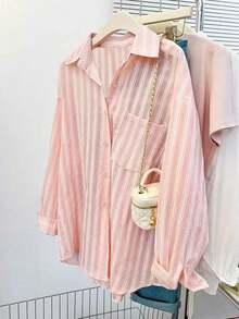 Camisa de manga larga con botones delanteros de unicolor, estilo sencillo para uso diario, talla grande - Rosa - Ver 1