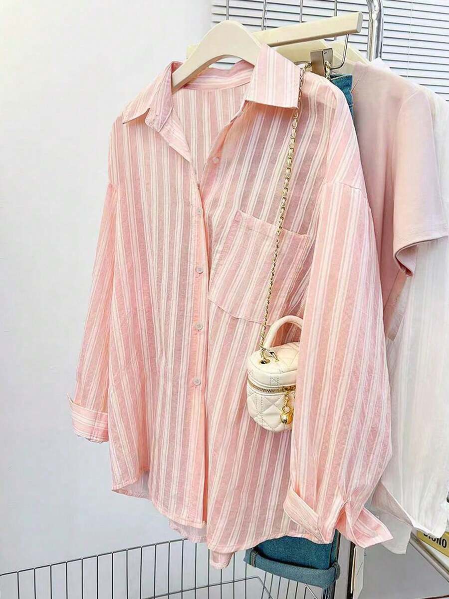 Camisa de manga larga con botones delanteros de unicolor, estilo sencillo para uso diario, talla grande - Rosa - Ver 1