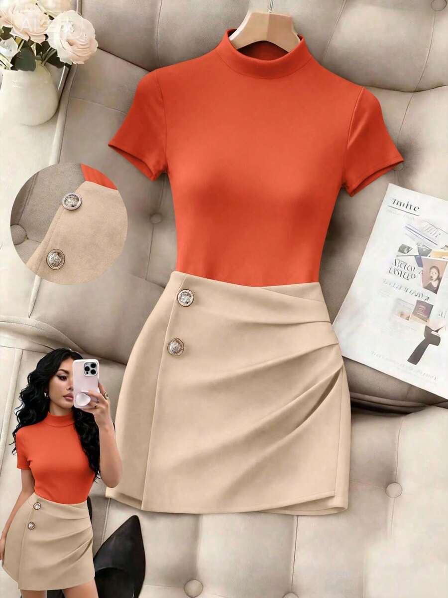 Conjunto casual de dos piezas para mujer, estilo francés, elegante, de color sólido, con blusa de manga larga y cuello redondo y falda plisada - Naranja - Ver 1