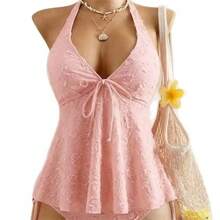 Women's Textured Halter Tankini Set, Two-Piece Swimsuit With Tie-Front Top & High Cut Bottoms - 米白色 - 查看 6
