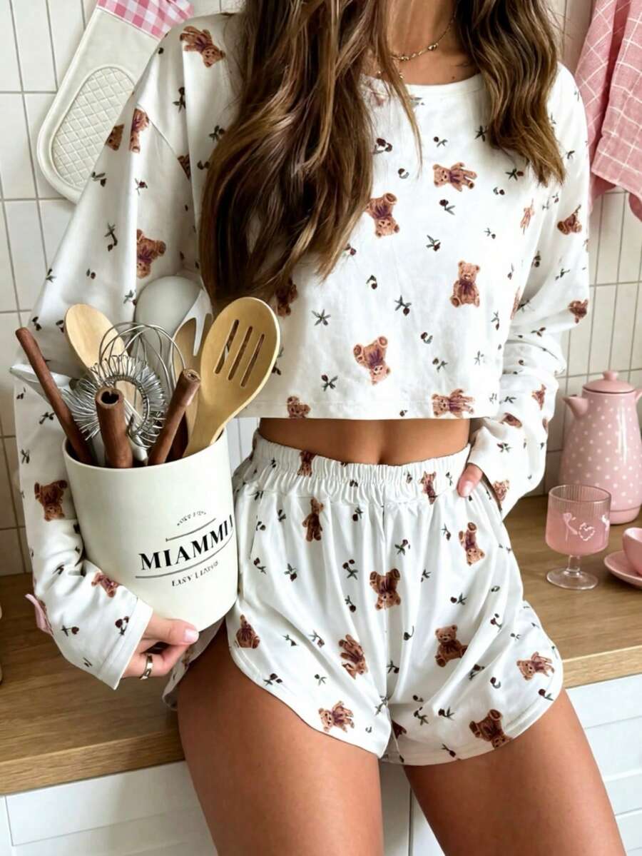 2 piezas Conjunto de pijama de mujer con cuello redondo, manga larga estampada y pantalón corto con cintura elástica, cómodo