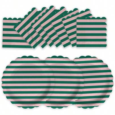 - 50 servilletas de papel festoneado a rayas de color rosa y verde, platos desechables de 9 pulgadas para de piscina de verano, cumpleaos, picnic, decoraciones de costera