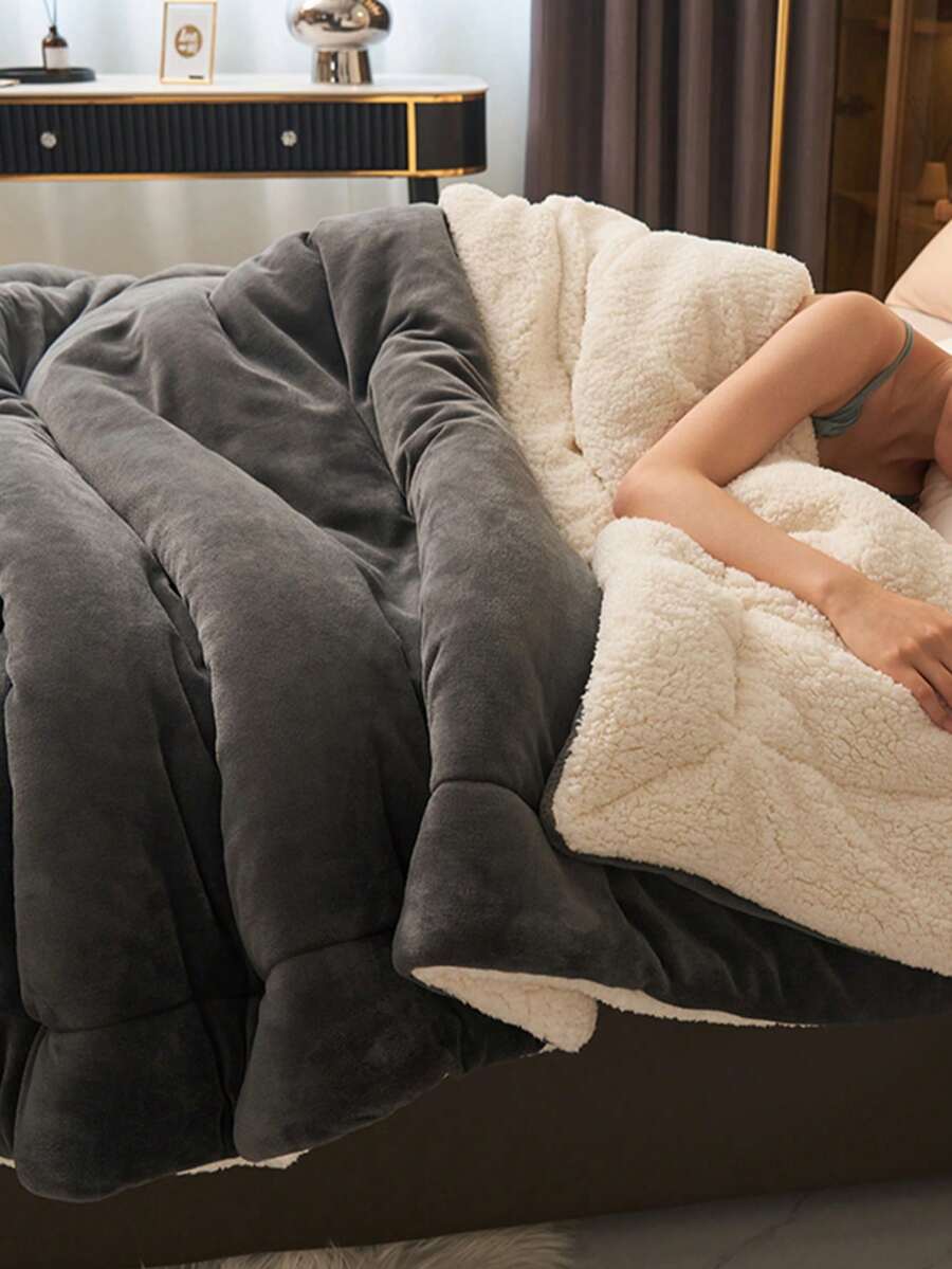 Modern Style Milk Plush Double-Layer Plush Blanket, All-Season Multi-Functional Bed Cover, Machine Washable, Polyester, 180-200g/㎡, Nude Color, Knitted Fabric, No Print, Suitable For Home And Outdoor Use - Dark Grey - View 1