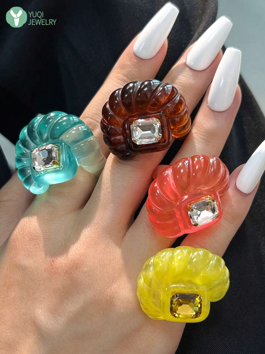 彩色樹脂材質戒指 4色可選 多款設計 Y2K 龐克美學飾品 - 多色D - 查看 1