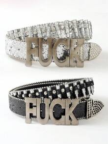 1 pieza Cinturón de cuero de unicolor para hombres con hebilla, letra y diamantes de imitación, estilo hip hop punk callejero - Hebilla con letra - Ver 2