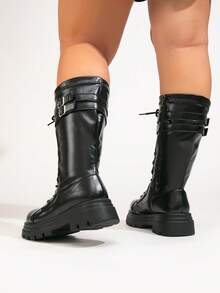 Women's Wide Fit Plus Size Thick Sole Mid-Calf Boots, Autumn/Winter Cross Lace-Up Boots, Punk Style Wide Shaft Leather Belt Buckle Inner Side Zipper Boots - Black - View 2