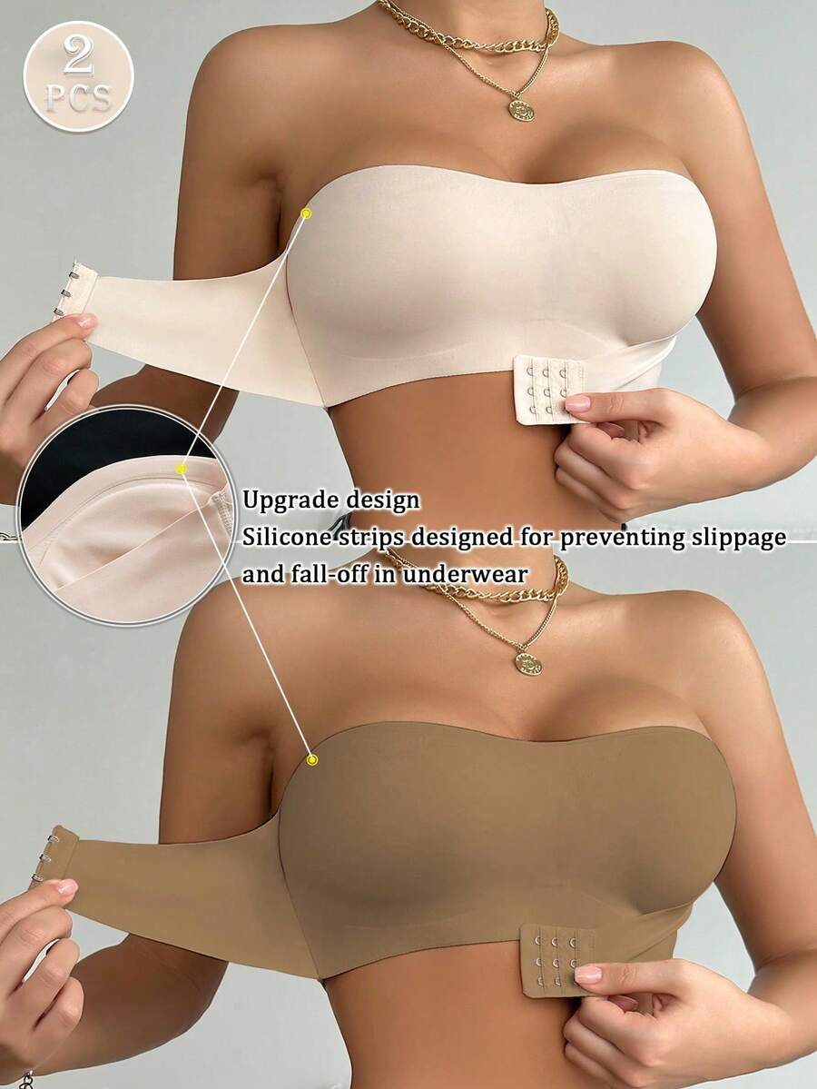 Conjunto de 2 piezas de sujetadores sin tirantes con cierre frontal, con tiras antideslizantes de silicona mejoradas, copas suaves y ligeras, sin aros, ropa interior push-up sin tirantes - Multicolor 4 - Ver 1