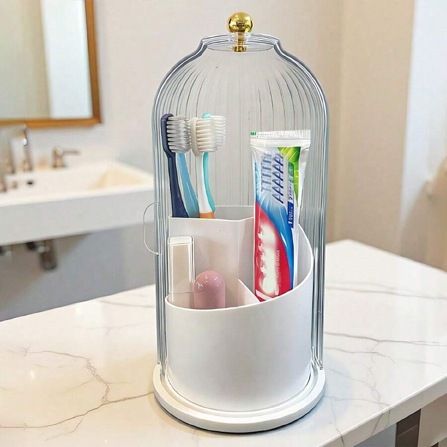 Seka Paul Makeup Brush Holder With Lid, 360° Rotating Makeup Brush Holder, Multi-Functional Countertop Storage Rack, Toothbrush, Toothpaste Tube, Easy-To-Clean Sliding Lid Toothbrush Holder, Dust-Proof Sink Space-Saving Bathroom Organizer, Suitable For Home, Dorm And Apartment, Daily Use Stylish Bathroom Countertop Storage Solution - Multicolor - View 1