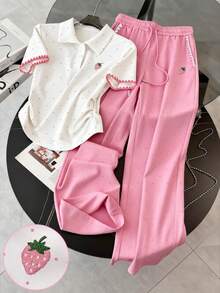 Conjunto de camiseta polo y pantalones con bordado de fresa, bordado de concha artesanal, estilo minimalista de moda para mujer, regalo para amigos - Rosa vieja - Ver 1
