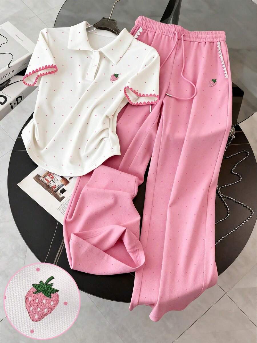 Conjunto de camiseta polo y pantalones con bordado de fresa, bordado de concha artesanal, estilo minimalista de moda para mujer, regalo para amigos - Rosa vieja - Ver 1