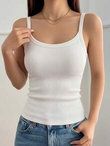 2pcs Casual Comfortable Minimalist Women's Solid Color Camisole Tank Top, Slimming Sleeveless Ribbed Undershirt - Multicolor - View 6