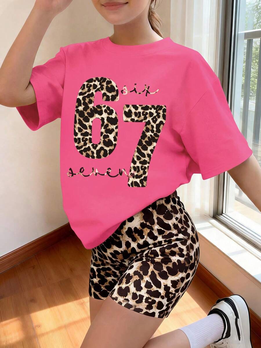 返校季 2件組 青少年女孩豹紋「67」字母印花短袖T恤與豹紋短褲套裝 日常穿著 百搭時尚夏季款 - 玫紅色 - 查看 1