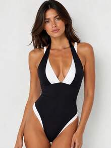 Women's Sexy Black And White Colorblock V-Neck Tank Style One-Piece Swimsuit Medium Stretch Bikini Vacation Beach Summer - Black - View 1