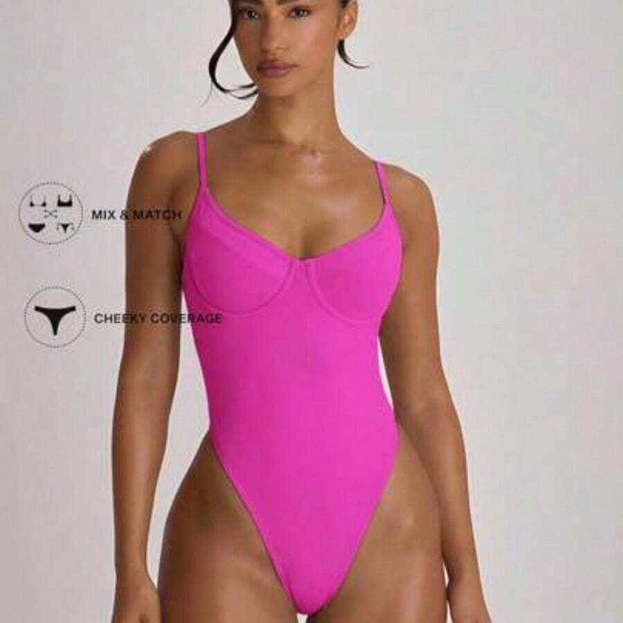 ghadjgyjad Resort Traje de baño con copas con aros, pierna alta y escote pronunciado, para vacaciones, verano y viajes a la playa. Diseño básico de un solo color para uso en resorts - Rosa - Ver 1