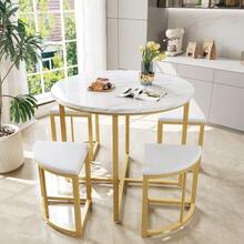 Dining Table And Chair Set, With MDF Tabletop And Gold Iron Frame, Velvet Chairs, Modern And Luxurious Style, White - Gold - View 12