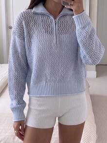 Women's Knit Sweater With Turn-Down Collar, Stand Collar, Multi-Wear Zipper, Minimalist Sporty Solid Color Hollow-Out Sheer Loose Casual Top For Spring, Autumn And Winter - Baby Blue - View 4