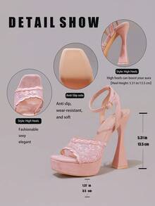 Sandali con tacco alto rosa ricamati in pizzo, scarpe da festa sexy con punta aperta, punta quadrata, tacco a calice di vino, platform, ciabatte da ballo, scarpe estive da donna - Rosa - Visualizzare 3