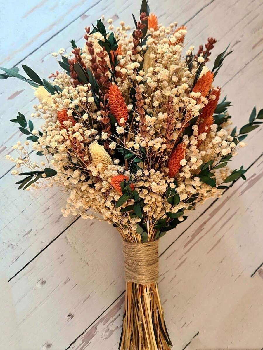 1束綜合人造花束，含滿天星、愛草、兔尾草、珠草等，適用於桌上花瓶布置、婚禮花卉、新娘花束、居家與辦公室裝飾、派對花卉 - 橙綠色1 - 查看 1