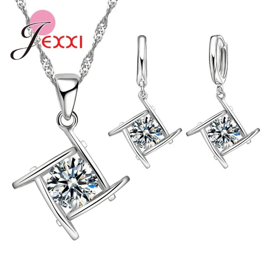 925 Sterling Silver Plating Necklace And Earring Set With Cubic Zirconia, Cross, Heart And Butterfly Design, Fashion Jewelry For Women. - 35501 - 查看 1