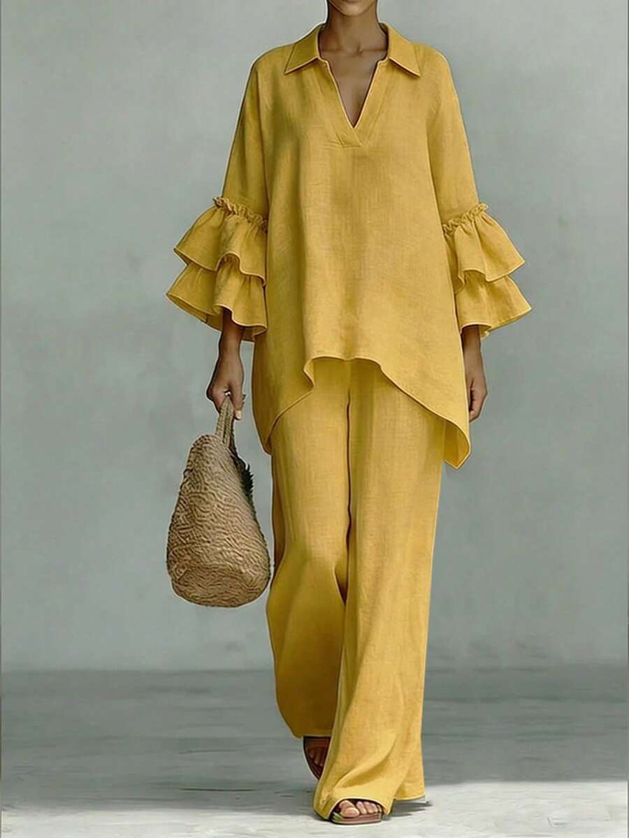 Conjunto de top de manga larga con cuello y pantalones rectos de estilo bohemio en unicolor para mujer, con puños con volantes - Mostaza Amarilla - Ver 1
