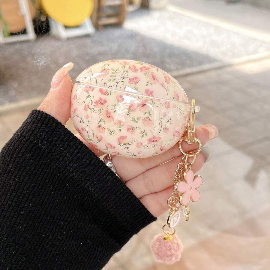 Minimalist Pink Floral Rose Flower Elements Protective Bluetooth Earphone Case With Flower Charm Keychain For Huawei Freebuds Clip2/Clip Wireless Bluetooth Earphones, Freebuds Pro3/Pro4/7i, Freebuds Clip/SE2/SE3/5i/6i/Freebuds6 Bluetooth Earphones Gift Party - Pink - View 1