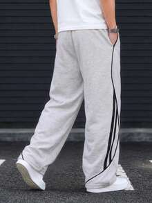1pc Boys Teenager Autumn American Sports Style Patchwork Casual Loose Straight Leg Pants - Grey - View 4