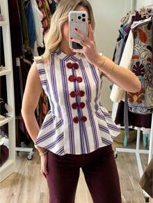 Top Mujer de Rayas Rojas y Blancas sin Mangas con Lazo Frontal Peplum Ajustado Verano Playa Vacaciones - Morado Violeta - Ver 2