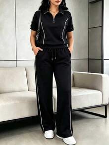 Setelan Kasual Wanita Musim Semi/Gugur untuk Beraktivitas di Luar Ruangan, 2 Potong, Atasan Lengan Pendek Longgar Warna Polos dengan Kerah dan Resleting + Celana Panjang Lurus Bergaris Warna Kontras, Gaya Elegan - Hitam - View 1