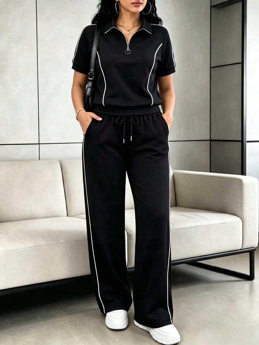 Setelan Kasual Wanita Musim Semi/Gugur untuk Beraktivitas di Luar Ruangan, 2 Potong, Atasan Lengan Pendek Longgar Warna Polos dengan Kerah dan Resleting + Celana Panjang Lurus Bergaris Warna Kontras, Gaya Elegan - Hitam - View 1