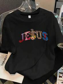 Camiseta de mujer con estampado de Jesús, manga corta, ideal para primavera/verano. El regalo perfecto para estas fiestas. - Negro - Ver 1