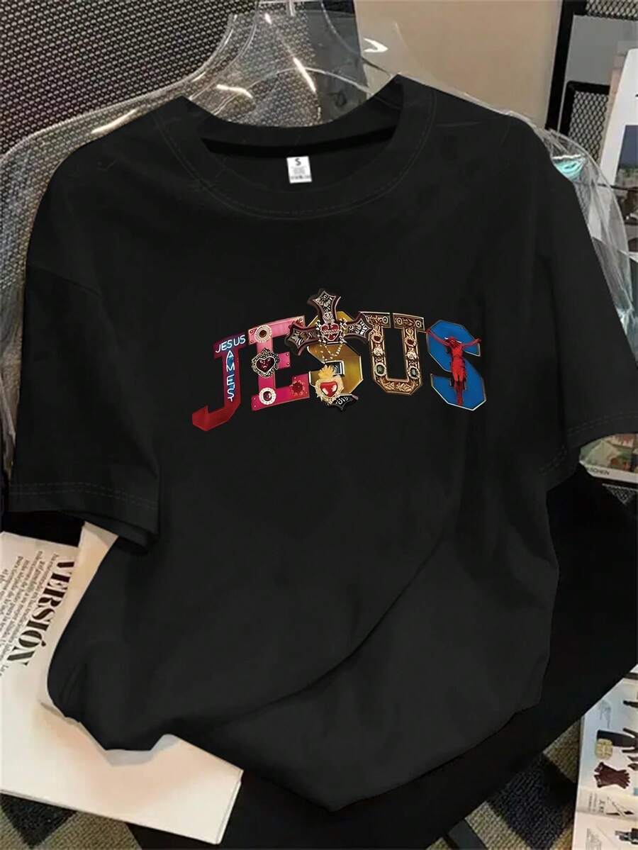 Camiseta de mujer con estampado de Jesús, manga corta, ideal para primavera/verano. El regalo perfecto para estas fiestas. - Negro - Ver 1