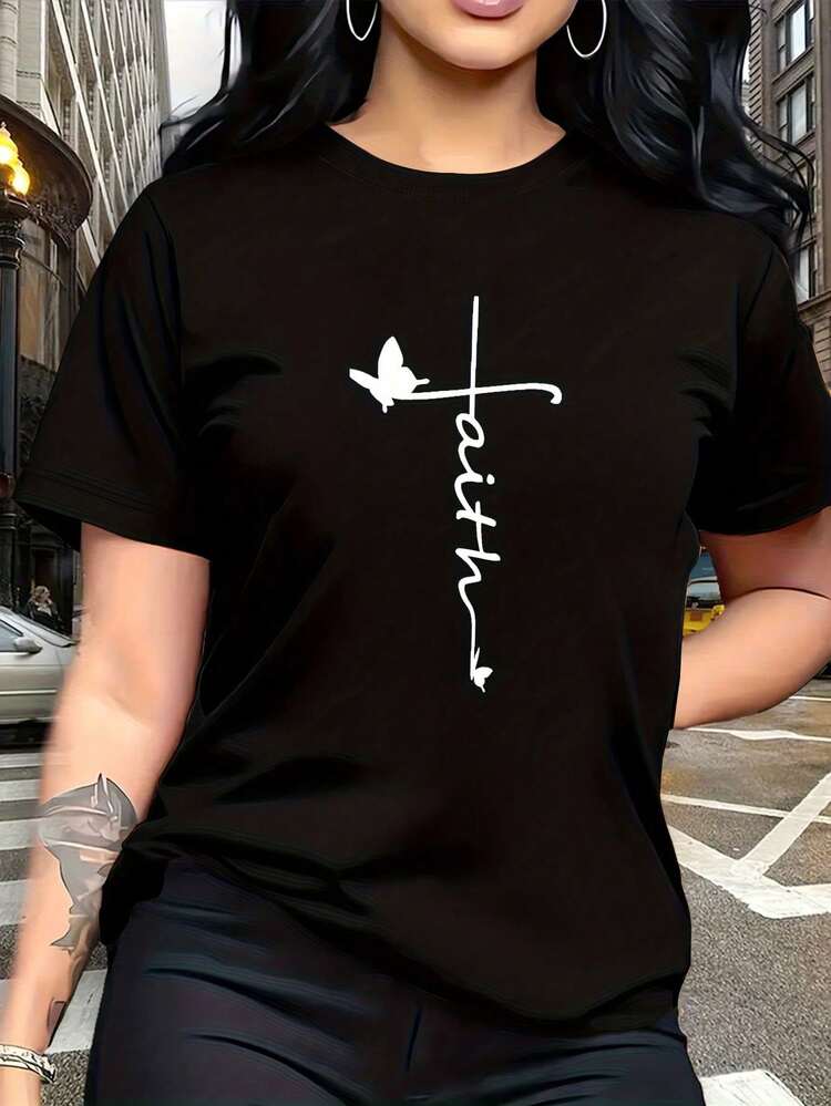 Ideal For Casual Occasions. The "Faith" Design Incorporates Christian Cross And Butterfly Prints, Which Are Stylish And Fashionable. This Simple Women's Short-Sleeved T-Shirt Features A Crew Neck. - màu đen - Xem 1