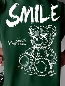 100% Cotton T-Shirt, Men's Holographic Smile Bear Graphic Print Oversized T-Shirt, Reflective Streetwear, Casual Short Sleeve Crew Neck Tops For Summer - 軍綠色 - 查看 2