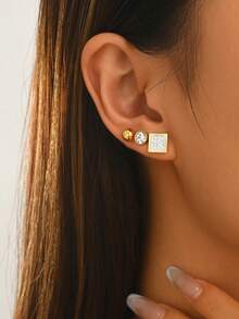 1 Set European And American Vintage Fashion Stainless Steel Micro-Inlaid Rhinestone Stud Earrings Set For Women, Daily Versatile - Multi-color a - View 5