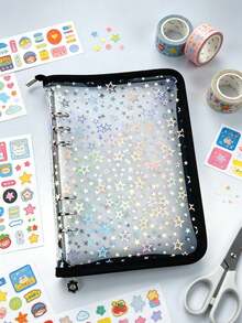 1pcsA5 Transparent Laser Starry Sky Loose-Leaf Notebook Shiny PVC Zippered Bag 6-Hole Journal Storage Card Case Cover Album - Multicolor - View 9