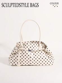 Bolso de axila de PU con lunares en contraste blanco y decoración de correa, bolso tote de gran capacidad, bolso de hombro para mujer adecuado para ir al trabajo y hacer compras - Blanco - Ver 1