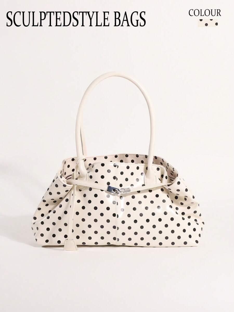 Bolso de axila de PU con lunares en contraste blanco y decoración de correa, bolso tote de gran capacidad, bolso de hombro para mujer adecuado para ir al trabajo y hacer compras - Blanco - Ver 1