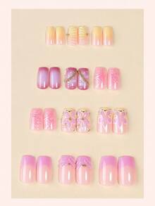 Y2Y Ongles Acryliques Fleur, 24 pièces Ongles Carrés Courts à Encoller, Set d'Ongles Faux Rose DIY Art 3D avec Accents de Perles Dorées, Convient pour les Fournitures de Salon de Manucure pour Femmes - Multicolore - Voir 3