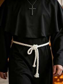 Medieval Wizard Hooded Men's Robe, Renaissance Priest Cloak With Rope Belt, Necklace, Cosplay Costume Accessories - Black - View 3