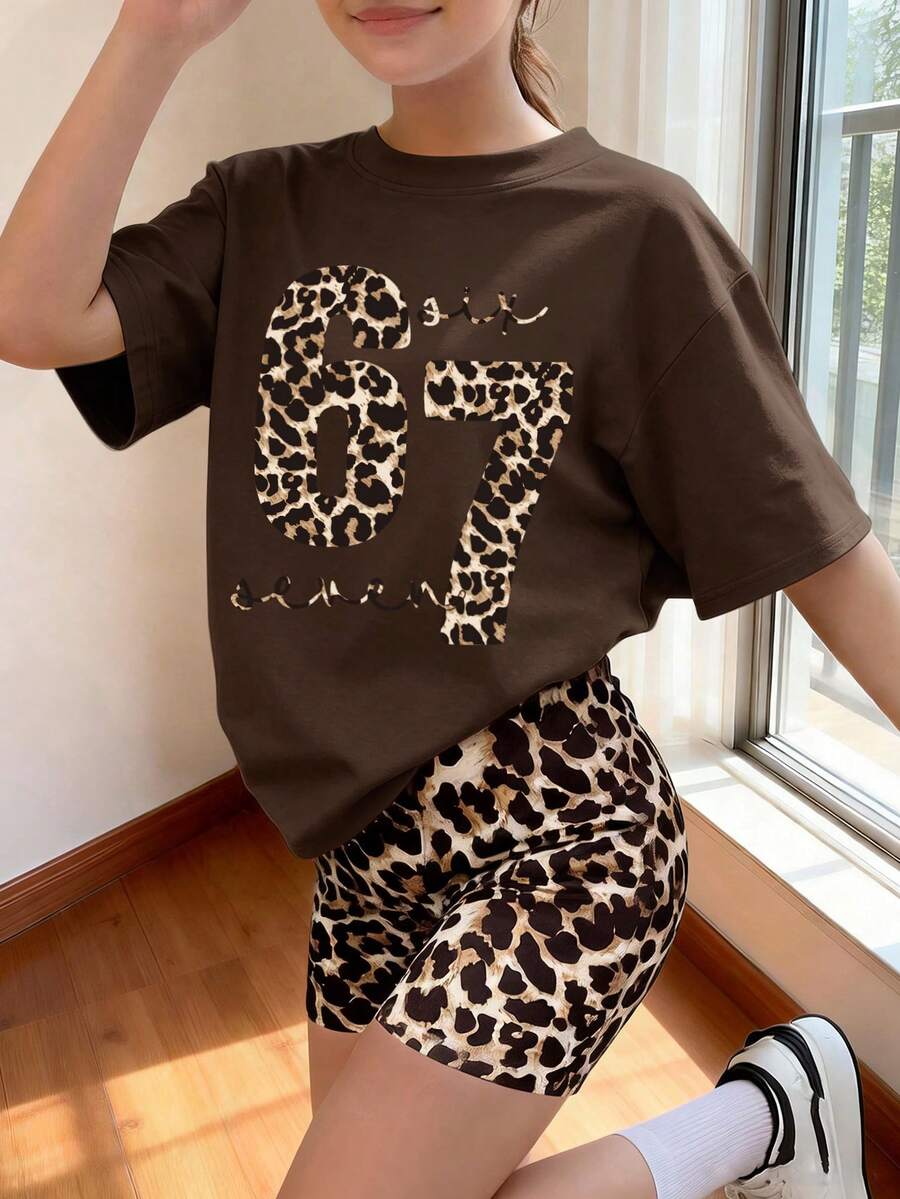 返校季 2件組 青少年女孩豹紋「67」字母印花短袖T恤與豹紋短褲套裝,日常穿著百搭時尚夏季套裝 - 棕色 - 查看 1