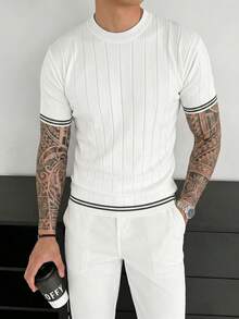 Camiseta de manga corta de punto acanalado de cuello redondo simple para hombre GRDR - Uso diario casual - Blanco - Ver 4