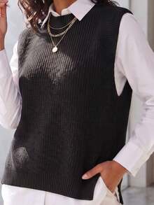 Women's Knitted Vest With Ribbed Crew Neck, Sleeveless, Casual And Elegant Knitwear For Autumn/Winter - 黑色 - 查看 1