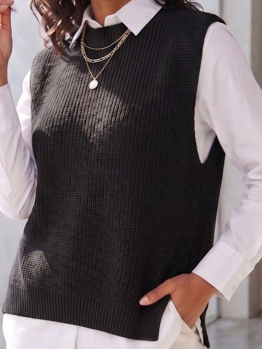 Women's Knitted Vest With Ribbed Crew Neck, Sleeveless, Casual And Elegant Knitwear For Autumn/Winter - 黑色 - 查看 1