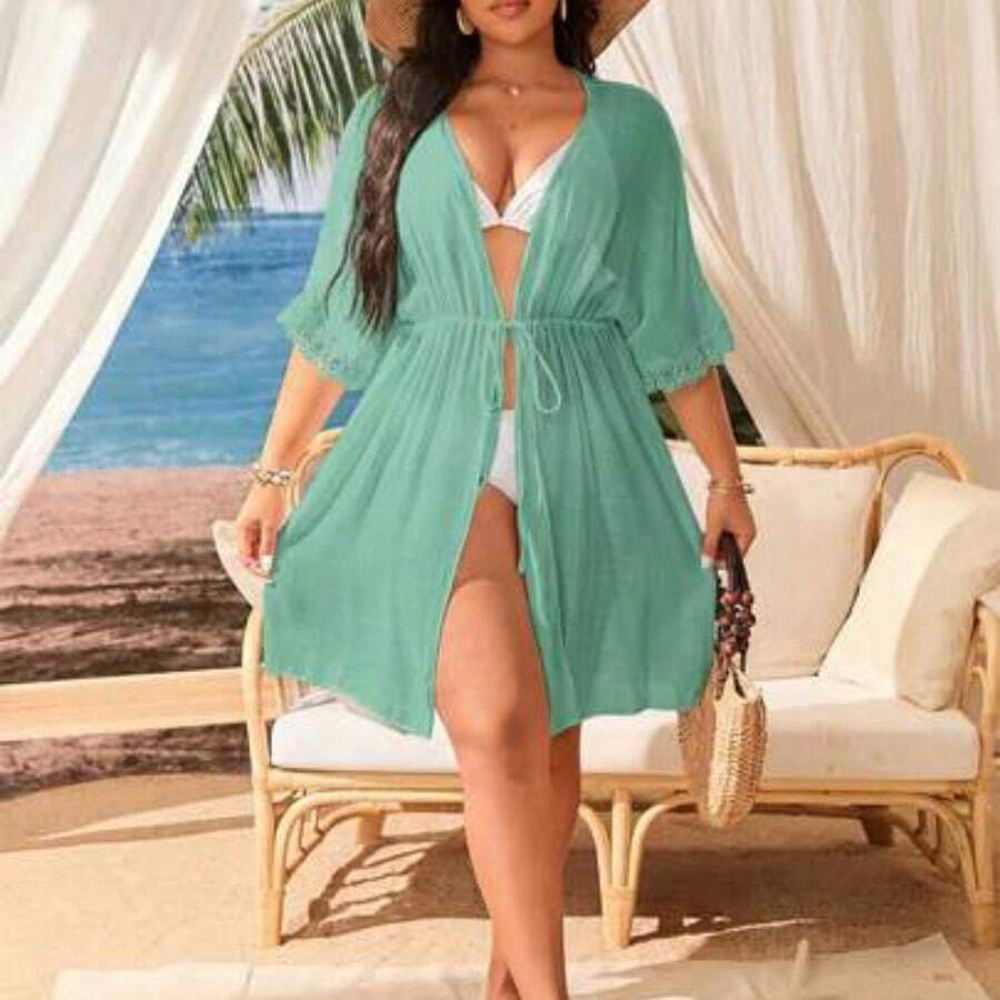 dagjydgfyja Swim Lushoire Kimono de talla grande con cordón en la cintura, color liso, para vacaciones y playa - verde menta - Ver 1