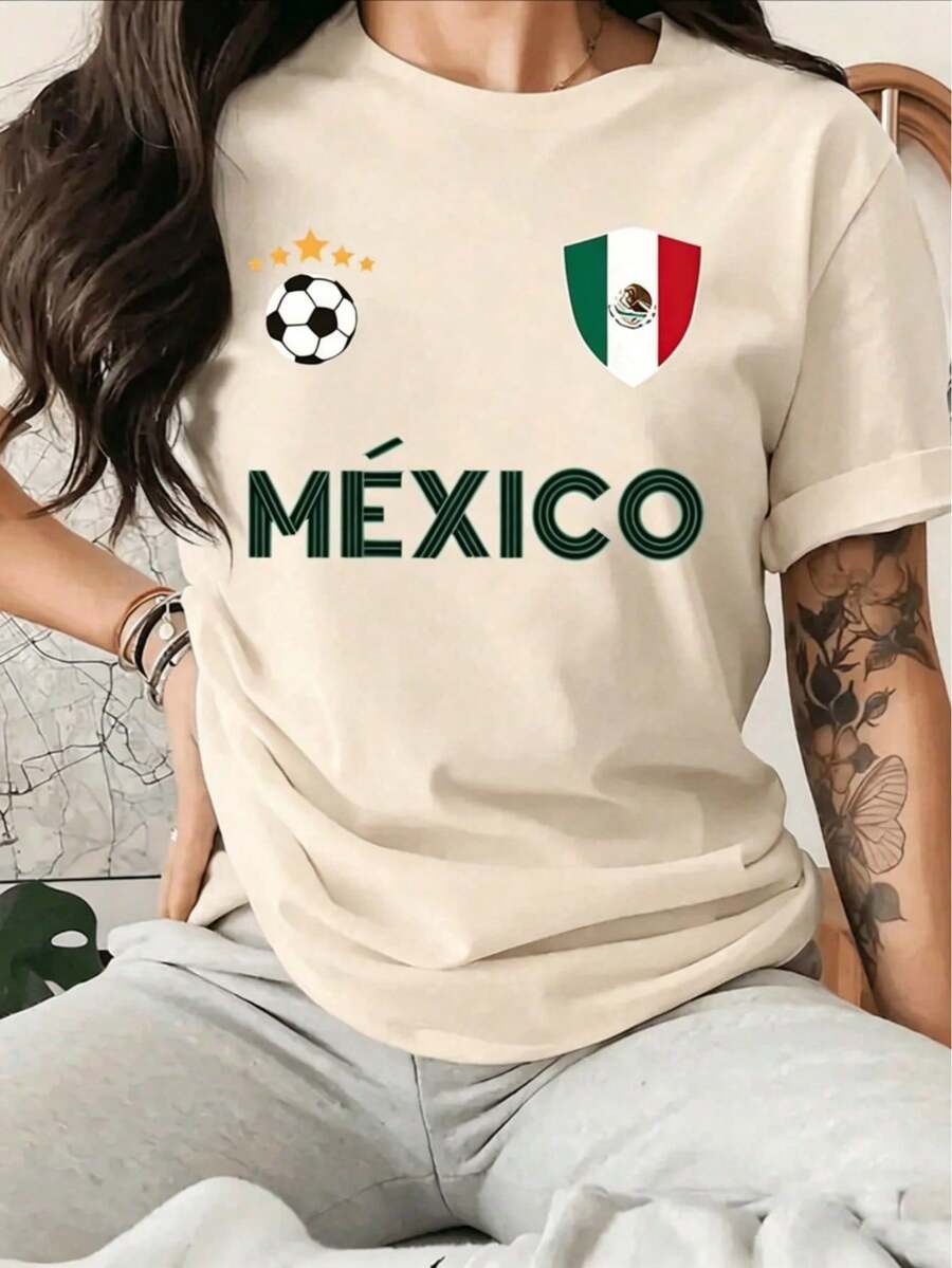Graphic TeesEscudo tricolor mexicano con balón y estrellas que simbolizan orgullo nacional y pasión por el fútbol camiseta de mujer casual blanca cómoda 100% algodónCamiseta Básica Unisex - Albaricoque - Ver 1