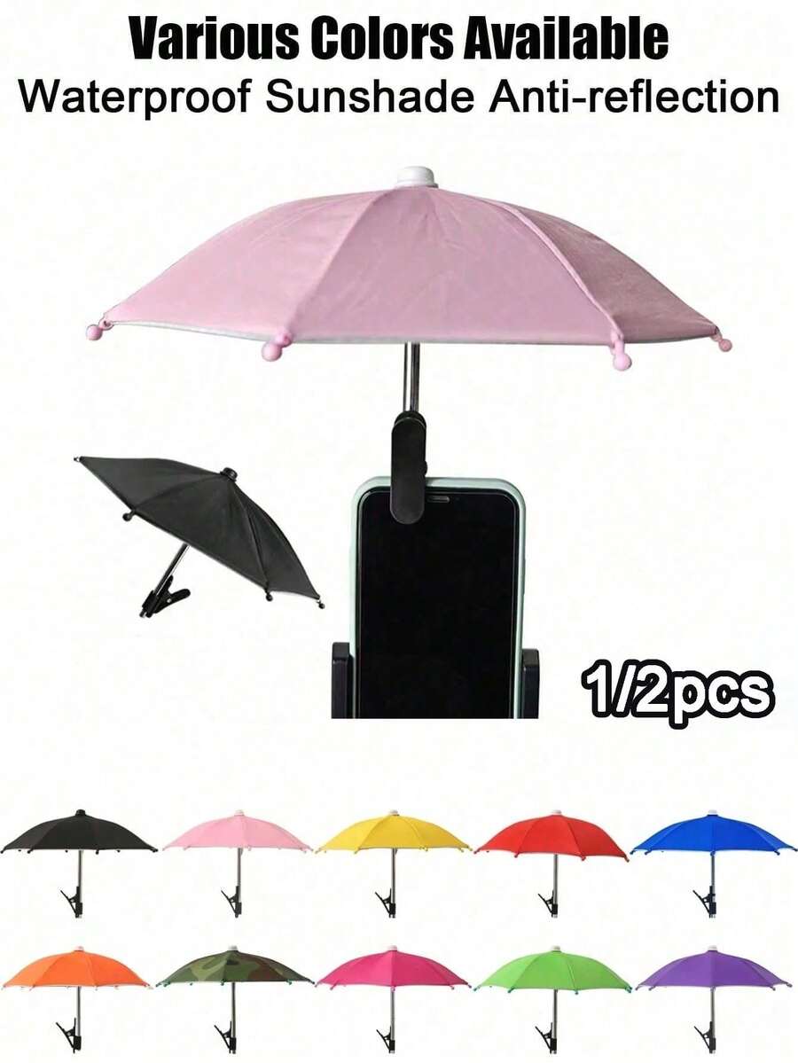 1/2pcs Mini Portable Sunshade Umbrella With Universal Clip Holder, Outdoor Sun Protection For Phones, Kindle, Navigation Devices, Anti-Glare Phone Screen Cover, Rain & Sun Proof, Essential For Travel - Multicolor - View 1