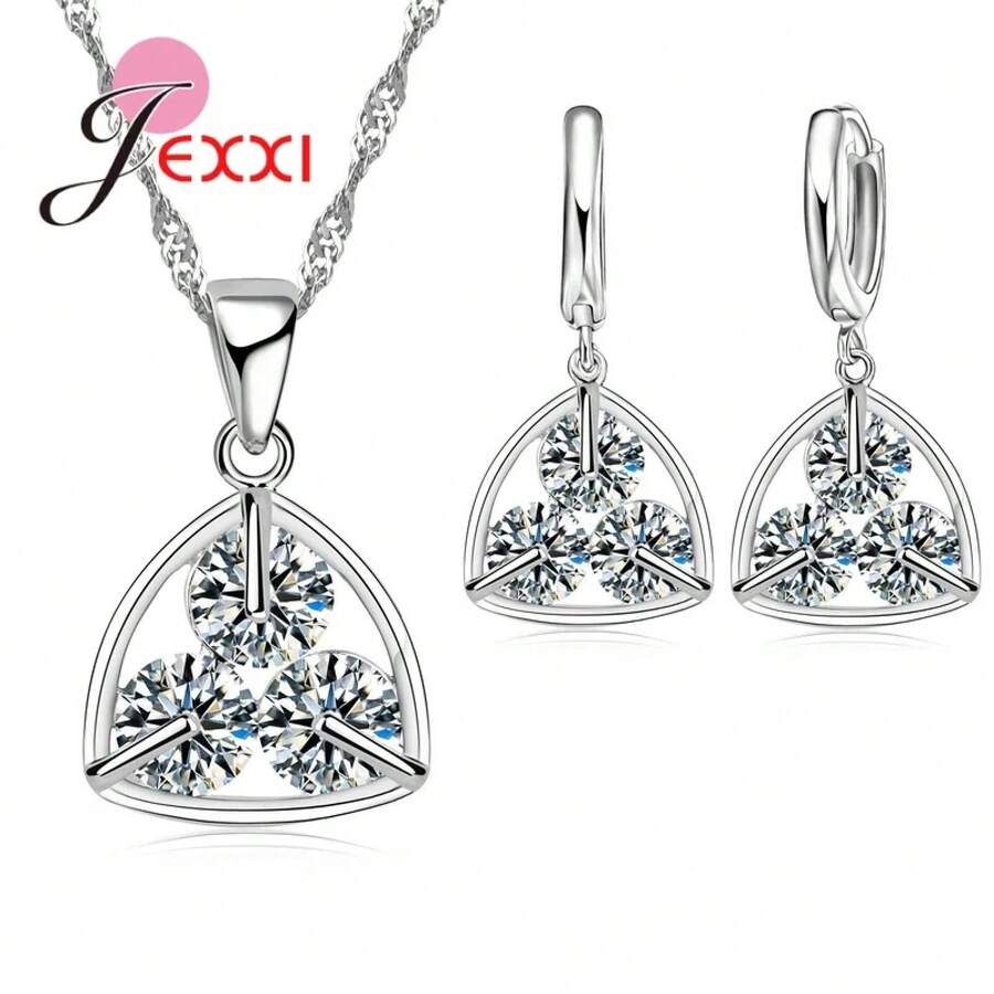 925 Sterling Silver Plating Necklace And Earring Set With Cubic Zirconia, Cross, Heart And Butterfly Design, Fashion Jewelry For Women. - 364 - 查看 1
