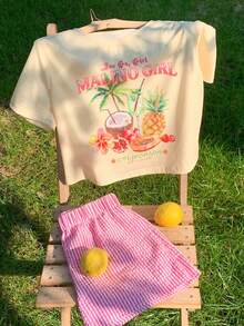 2 piezas Conjunto de ropa de casa casual de vacaciones, con motivos de fruta, árbol de coco, piña y de isla, con top de manga corta y shorts cómodos - Multicolor - Ver 1
