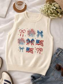 Off-White Rundhals Strickweste Damen Frühling Herbst Neu Schleifen Muster Ärmelloser Pullover Weste Layering Top Damen Sommer Weltmeisterschaft Amerikanische Flagge Muster - Weiss - Übersicht 3
