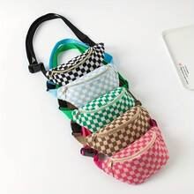 1pc Checkered Waist Bag |   Adjustable Storage Bag Men And Women, Portable With Adjustable Shoulder Strap, Fashionable Travel, Hiking, Cycling, Running, Leisure - Polyester Blend, Mixed Colors, Zipper Closure MBGM - Light Blue - View 1